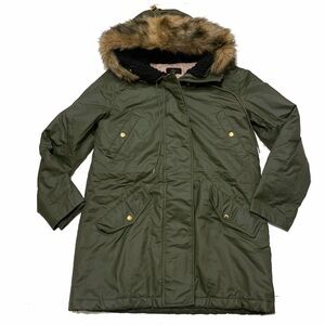 j. crew women's quilted Olive Green Parka with Faux Fur Hood
